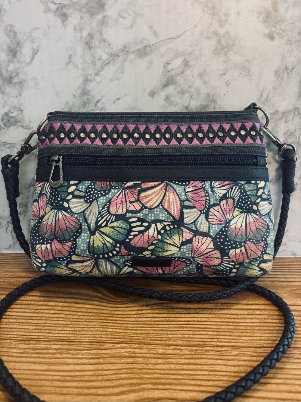 Sakroots Butterfly Print Crossbody Bag Purse Navy Blue Pink Purple